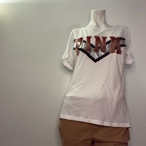 Pink white short sleeve T shirt sequins logo Medium